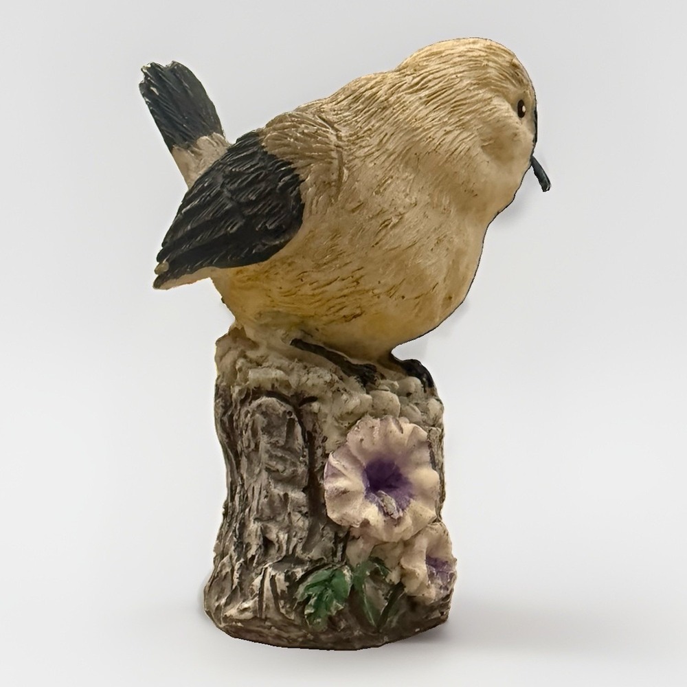 Vintage Resin Yellow Bird On Stump Purple Flowers